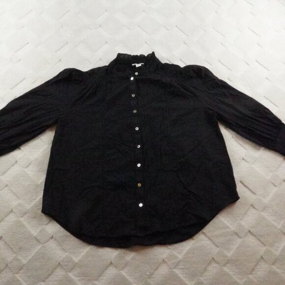 Sundance Button Up Blouse Womens Petite Medium Black Eyelet - Picture 1 of 13